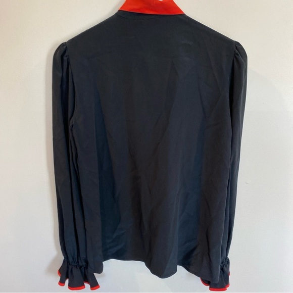 Trigeresport For Schrader 100% Silk Black Long Sleeve Top Red Ruffle Accents - Picture 6 of 6